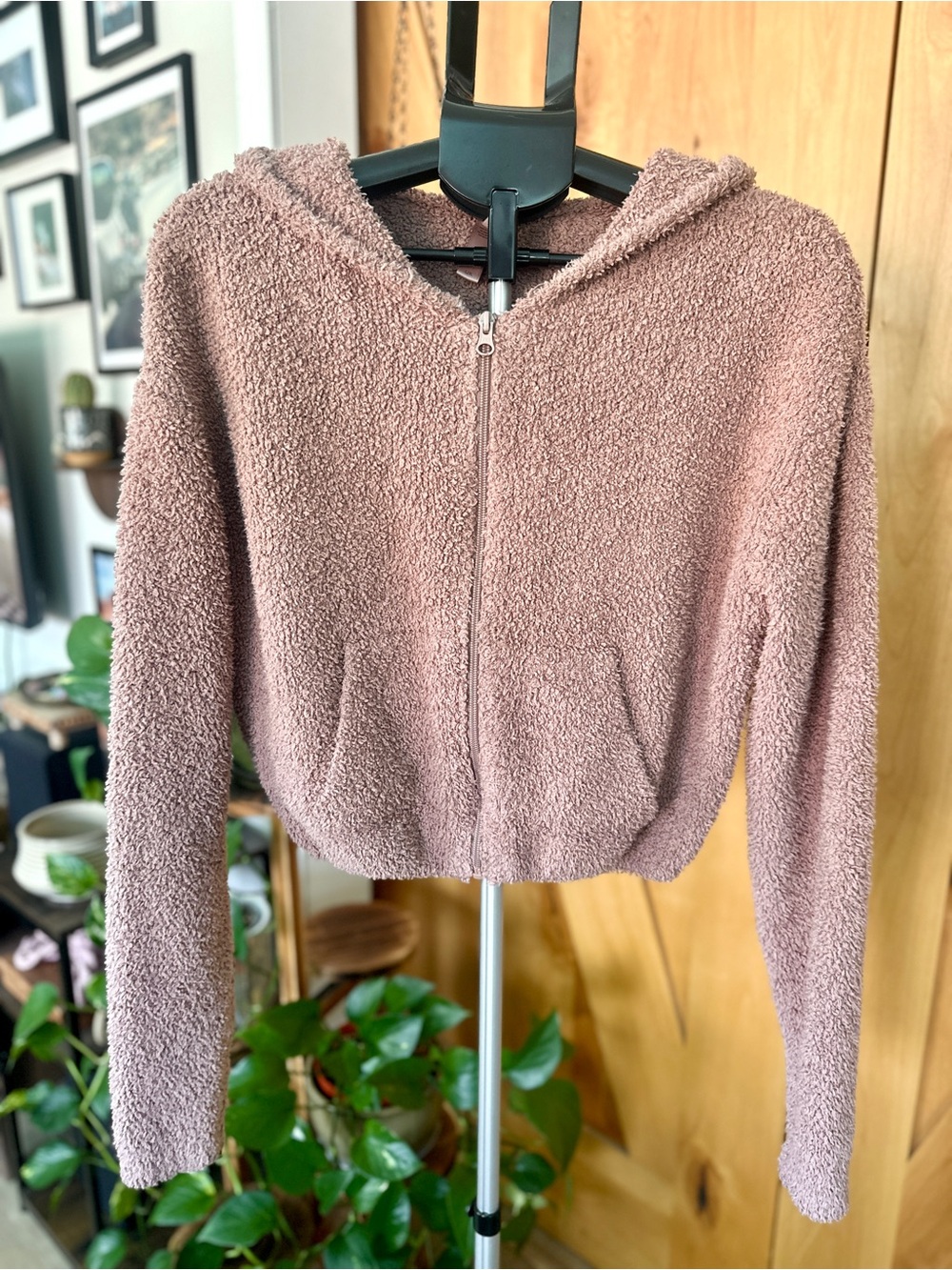 SKIMS Cozy Teddy Knit Zip-Up Hoodie | Dusty Rose Pink | Size L/XL